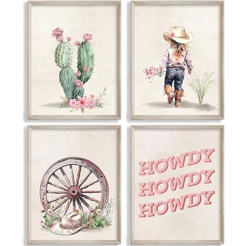 MOCVSWO Western Howdy Cowgirl Cowboy Hat Cactus Desert Wall Art Prints for Cowgirl Nursery Decor And Kids Room Girs Room Decoration,Set Of 4(8''x10''Inches,Unframed).