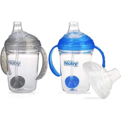 Nuby No Spill 360 Weighted Straw Grip N' Sip Tritan Cup with Hygienic Cover, 8 Oz, Trainer Cup (Blue/Grey)
