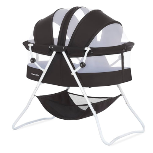 Dream On Me Karley Bassinet in Black, Lightweight Portable Baby Bassinet, Quick Fold and Easy to Carry , Adjustable Double Canopy, Indoor and Outdoor Bassinet with Large Storage Basket.