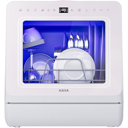 HAVA Countertop Dishwasher with Water Softener and Enhanced Energy Efficiency, Portable Dishwasher with 8 Wash Programs, Child Lock & Delayed Start Function, No Installation Needed - Misty Lilac