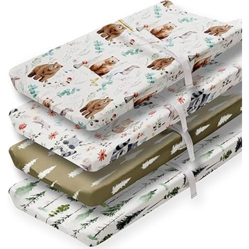4 Pack Changing Pad Covers Woodland Forest Animals Wood Neutral Unisex Fitted Baby Changing Pad Cover Set for Baby Boys or Girls (Cartoon beer)