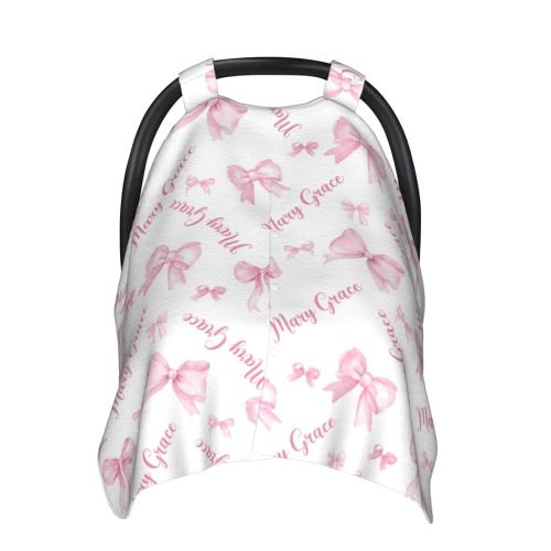 Custom Baby Car Seat Cover with Name – Personalized Pink Bows Nursing Cover, Infant Carseat Canopy, Shopping Cart Cover – Soft, Breathable & Warm – Ideal Shower Gift for Baby Girls