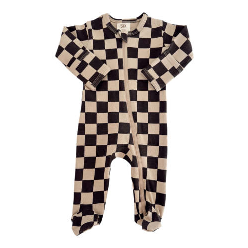 Tiramisu/Black Checkerboard / Organic Zip Footie