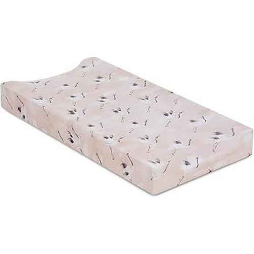 Oilo Changing Pad Cover, Breathable 100% Turkish Cotton Fitted Jersey, 300 Thread Count, Machine Washable, Fits Standard Changing Pads (32" x 16"), Girl, Boy, & Neutral Nursery Design, Pink Crane