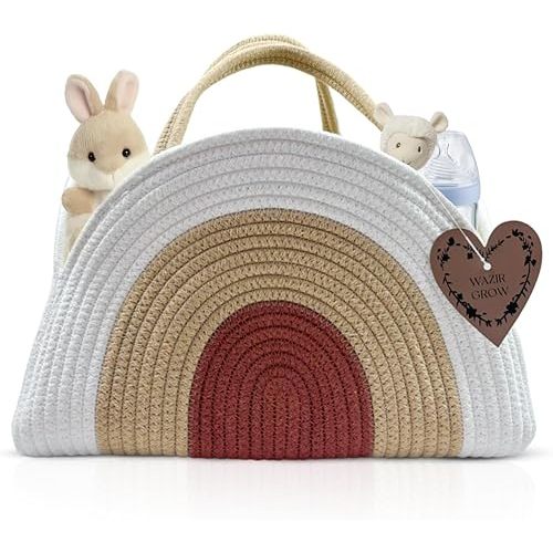 Baby Diaper Caddy Organizer, Cotton Rope Basket, Newborn Essentials Basket, Gift For Baby Shower List, Large Storage for Newborn Girls and Boys, Earthy Rainbow