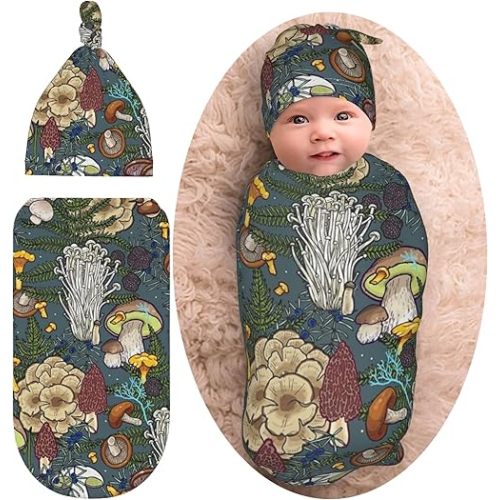Mushroom Baby Stuff Newborn Swaddle Blanket Cute Baby Swaddle Blankets Soft Stretchy Sleep Sack with Beanie Hat Gifts for Boy Girl