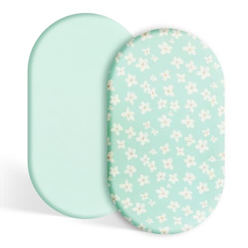 TILLYOU Baby Bassinet Sheets for Girls Boys 2 Pack Baby Sheets for Square Rectangle Oval Bassinet Mattress 33X16 Inch, Fresh Flowers and Light Green