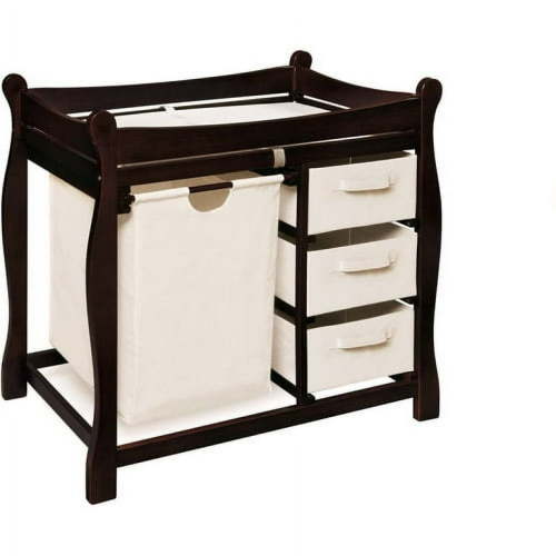 Badger Basket Sleigh Style Baby Changing Table with Hamper and 3 Baskets, Espresso, Includes Pad