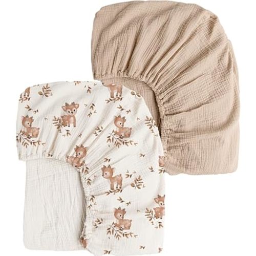 Konssy Muslin Crib Sheets 2 PCS, 100% Cotton Baby Crib Sheets for Standard Crib Mattress (28"x 52"), Soft and Breathable for Boys, Girls (Deer,Wheat)