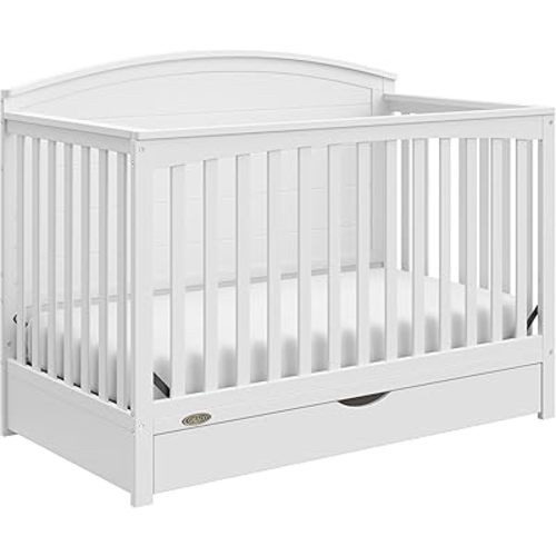 Graco Bellwood 5-in-1 Convertible Crib with Drawer (White) - GREENGUARD Gold Certified, Full-Size Storage Drawer, Converts to Toddler Bed and Full-Size Bed