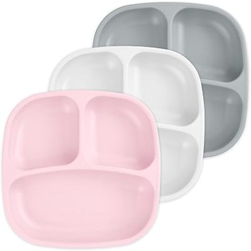 Re-Play Toddler Plates with Dividers - Deep-Walled 3 Compartments Divided Plates for Kids - Dishwasher & Microwave Safe - Made in USA - Set of 3-7.37" x 7.37" x 1.25" - Modern Pink