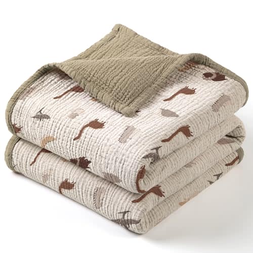 Lulu moon Muslin Baby Blanket - Cotton Quilt Blankets for Toddlers - Reversible Nursery Crib Blanket for Baby Boys and Girls 47"x47"(Olive Dinosaur)