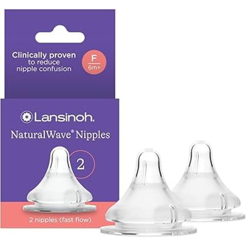 Lansinoh NaturalWave Baby Bottle Nipples – 100% Soft, Durable Silicone, Made Without BPA BPS, Anti-Colic, Supports The Baby’s Developing Mouth and Teeth, Fast Flow, Size F, 2 Count, 6+ Months
