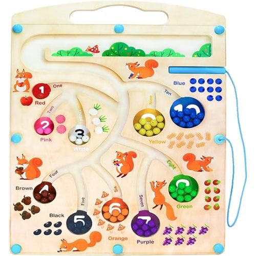 Magnetic Color and Number Maze - Montessori Wooden Color Matching Learning Counting Puzzle Board - Toddler Fine Motor Skills Toys for Boys Girls 3 4 5 Years Old