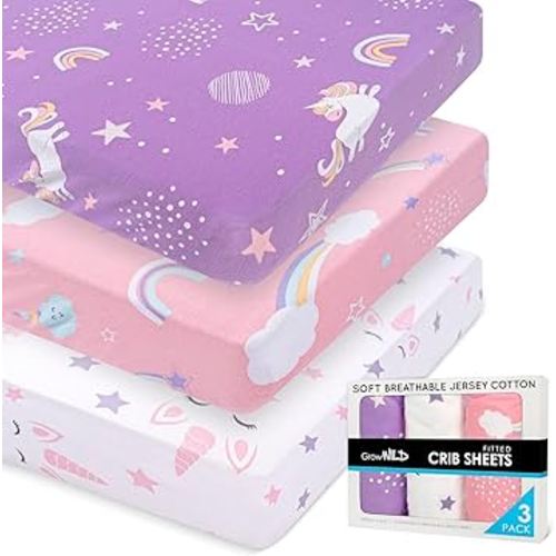 GROW WILD Unicorn Crib Sheets for Girls (3 Pack) - Soft Jersey Cotton Fitted Sheet, Cute Bed Sheets and Toddler Bed Mattress, Baby Girl Crib Bedding Set, Unicorn White Purple and Pink Crib Sheets