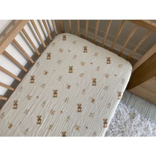 Teddy Bear Organic Muslin Fitted Sheet | Organic Cotton Sheet for Baby Toddler - Custom Size Crib Bassinet Sheet, Breathable Baby Bedding