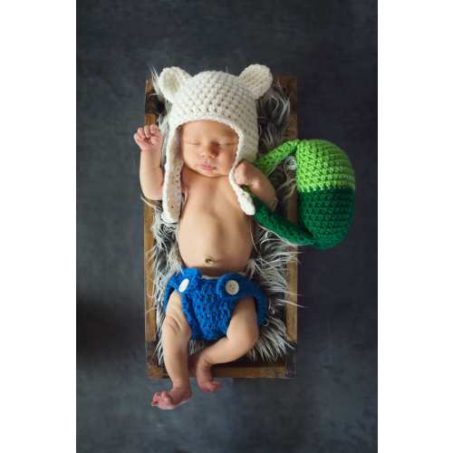 Crochet Adventure Time Finn the Human outfit (included in a beanie/hat, a diaper cover and a backpack)