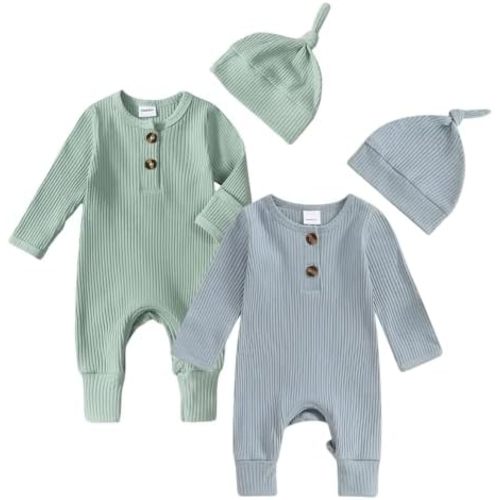 Infant Boys Girls Clothes Set Newborn Baby Romper Hat Ribbed Knit Long Sleeve Button Solid Bodysuit Jumpsuit