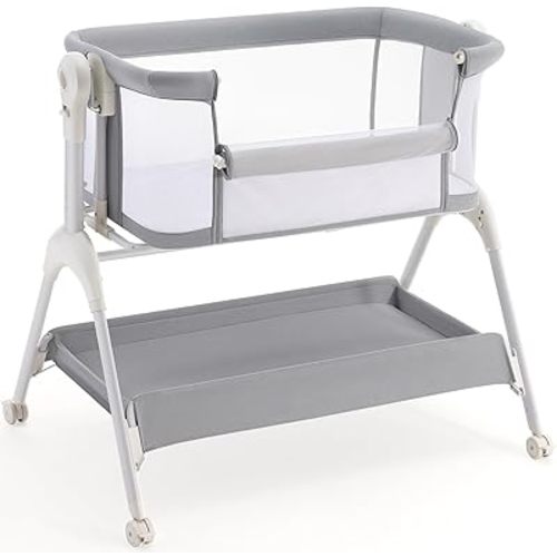 HARPPA Cuddly Baby Bassinet Bedside Sleeper, 3 in 1 Rocking Bassinet with Mattress and Soft Sheet, Full Mesh Sides, 5 Height Adjustable with Wheels for Newborns