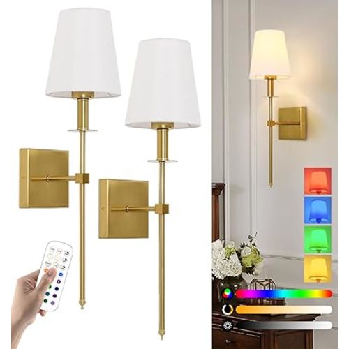 Battery Operated Wall Sconces Set Of 2, USB Rechargeable Wall lights with Remote Control, Dimmable Wireless Wall light with White Fabric Shade, Indoor Wall Lamp for Living Room Bedroom Hallway, Gold