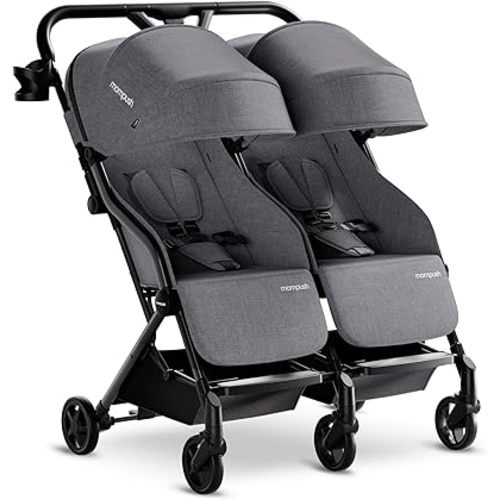 Mompush Lithe Double Ultralight Stroller, Lightweight Side by Side Stroller, Two Large Seats with Individual Recline, Easy Fold Grey