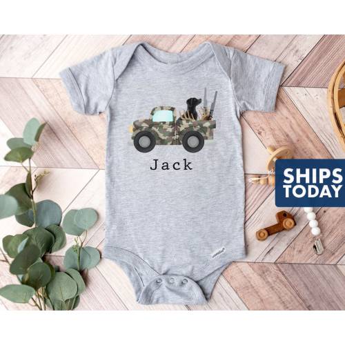 Personalized Hunting Onesie® | 100% Cotton or Cotton Blend | Available in SS Onesie® in White, Gray or Pink and LS Onesie® in Cream Color