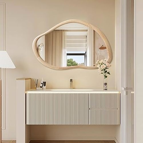 35"x24" Wood Wall Mirror, Rustic Asymmetrical Bathroom Mirror with Wood Frame, Farmhouse Vanity Mirror for Living Room, Bedroom, Entryway, Shatterproof, Vertical/Horizontal, Solid