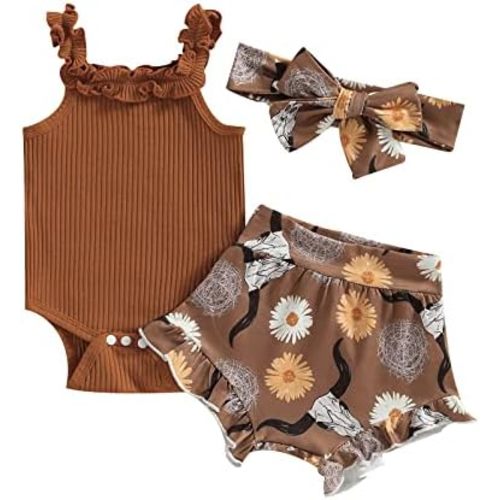 CIYCUIT Newborn Baby Girl Summer Clothes Ruffle Sleeveless Ribbed Top Bloomers Shorts Set