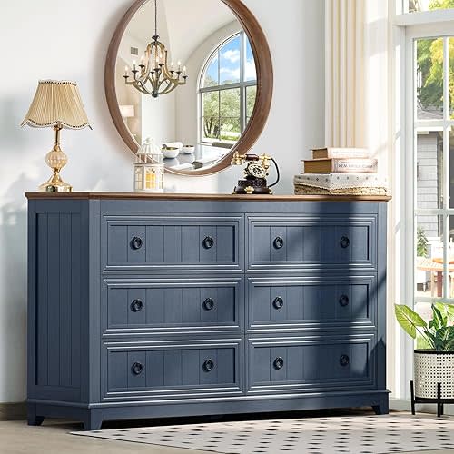 6 Drawers Dresser for Bedroom, Farmhouse 54 Inch Wide Wood Dresser Chest of Drawers, Vintage Design TV Stand, Rustic Storage Dressers Organizer for Bedroom, Living Room, Hallway - Navy Blue