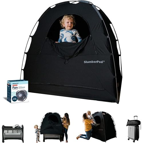 SlumberPod and Fan Combo 3.0, Portable Privacy Pod Blackout Canopy Crib Cover, Sleeping Space for Age 4 Months and Up, Pack n Play Blackout Cover, Baby Travel Crib Canopy (Black/Grey)