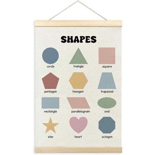 TLESKE Boho Classroom Shapes Chart Poster Hanger Frame, Homeschool Hanging Wall Art Decor for Toddlers Kids Room Nursery Playroom, Preschool Prek Learning Educational Poster Print Banner, 16x24in