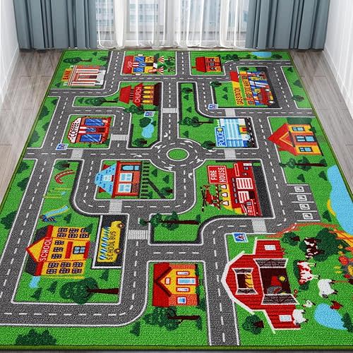 Kids Carpet Playmat Rug 78.7"x59", Car Rug for Kids Cars, Non-Slip Town City Road Map Kids Rug for Playroom Bedroom Boys, Kids Cars Road Rugs, Track Carpets (78.7X59Inch,Green)