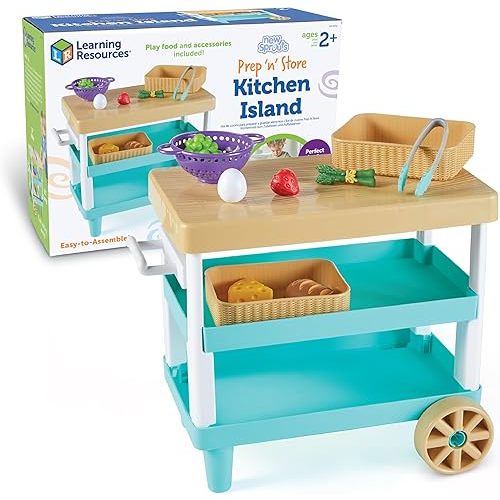 Learning Resources New Sprouts Prep 'n' Store Kitchen Island - Ages 2+, Play Food for Kids, Grocery Store Toys for Toddlers,11 Pieces