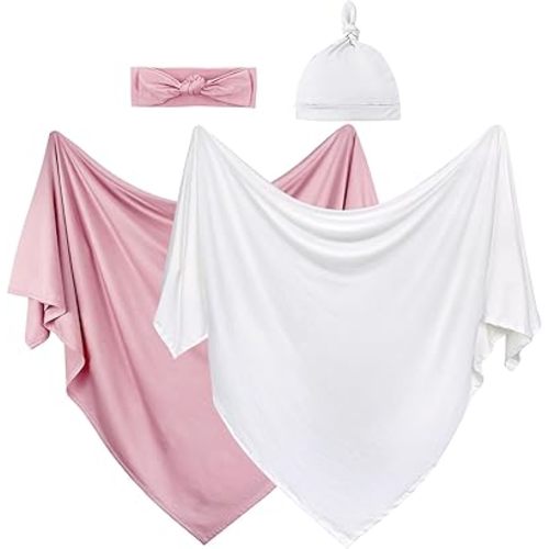 OWLOWLA 2Pack Newborn Swaddle Blanket with Hat Set Baby Wrap Swaddle Receiving Blanket Boys Girls(Blush&Ivory)