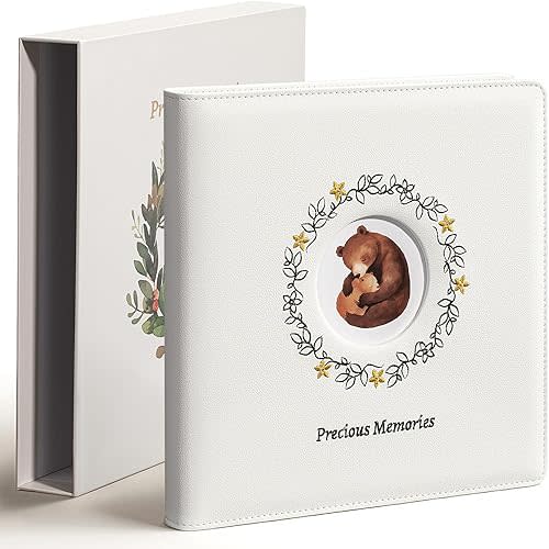 Leather Embroidery Baby Book Keepsake - Gender Neutral Baby Memory Book, Baby Photo Album, Perfect Baby Books for Baby Shower, Pregnant Mom Gifts, Forest-Inspired Design, 10" x 10"