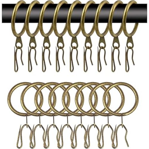30 Pcs Metal Curtain Drapery Rings Curtain Rod Rings and 30 Pcs Metal Curtain Drapery Hooks Drapery Pins, 30 mm Internal Diameter Decorative Curtain Hanging Rings for Curtain & Rods (Green Bronze)