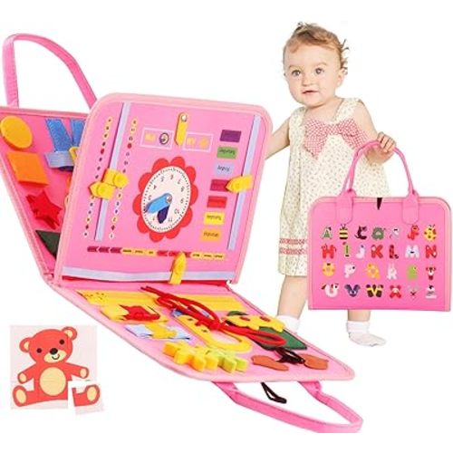 Busy Board Montessori Toys for 1 2 3 4 Year Old Boys & Girls Bithday Gifts,Preschool Learning Activities for Learning Fine Motor Skills-Autism Toddler Travel Toys (Pink)