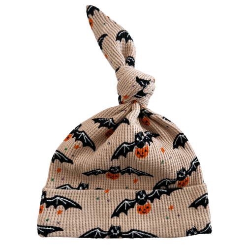 Organic Waffle Knot Beanie, Tan Trick or Treating Bat