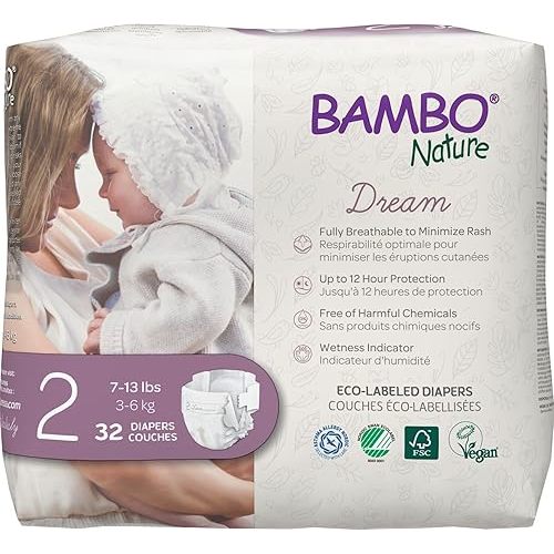 Bambo Nature Hypoallergenic Baby Diapers, Eco-Labelled Sustainable Diapers, Enhanced Leakage Protection, Totally Chlorine-free, Skin Friendly, and Super Absorbent - Size 2 (32 Count)