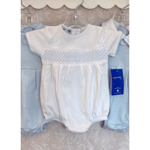 Essentials Solid Smocked Bubble - White Blue