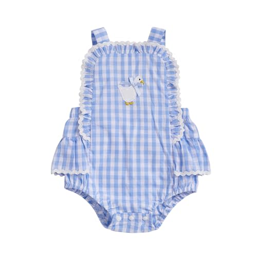 Vicaankue Infant Baby Girl Summer Outfit Goose Embroidery Plaid Ruffle Sleeveless Romper Bow Overall Bodysuit Farm Clothes