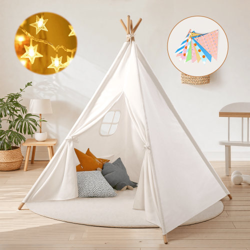 Wilwolfer Kids Teepee Tent for Indoor Play, Suitable for 3-10 Years Toddlers, White Canvas Playhouse
