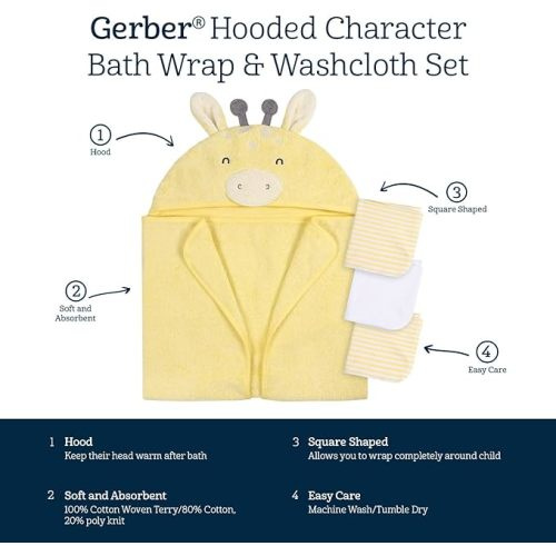 Gerber Baby 4 Piece Animal Character Hooded Towel and Washcloth Set, Yellow Giraffe, One Size
