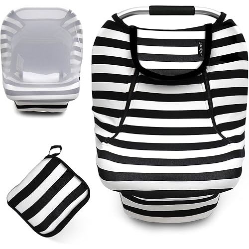 ACRABROS Car Seat Covers for Babies,All Season Infant Carseat Cover Canopy for Boys and Girls,Stretchy Adjustable Peeping Window with Mesh Cover,Warm Breathable Universal,Black White Stripe
