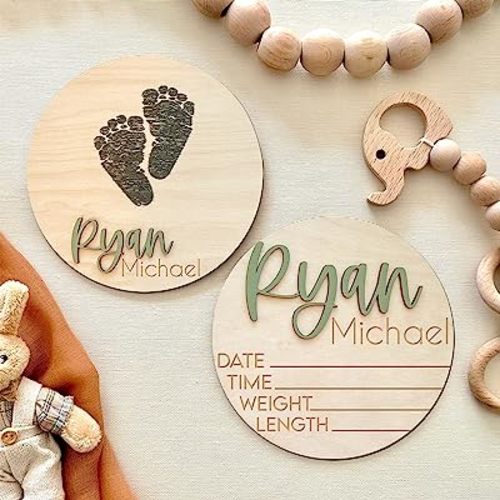 NAZENTI Personalized Wooden Baby Name Announcement Signs, Custom Baby Name Sign, Birth Announcement And Footprint Sign For Hospital, Baby Girl Or Boy, Welcome Signs, Baby Arrival Signs (#Design 14)