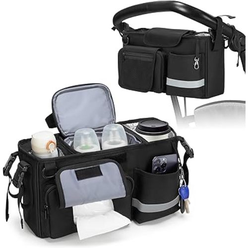 Parent Console Stroller Organizer Compatible with WONDERFOLD W&X, with 2 Insulated Cup Holders, A Removable Cooler Bag, Adjustable Buckle Strap Handle Attachment, Black