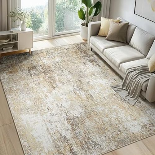 Washable Area Rugs 8'x10' Non-Slip Modern Abstract Soft for Living Room Entryway Bedroom, Print Pattern, Neutral Brown Gray