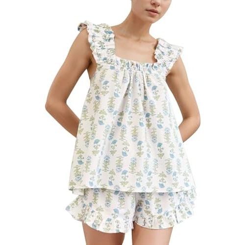 Flygo Floral Pajama Sets for Women 2 Piece Lounge Set Ruffle Cami Top and Shorts Pj Set Sleepwear