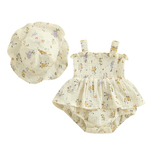 Baby Girl Smocked Dress Floral Romper Hat Set Halter Strap Jumpsuit Sleeveless Bubble Romper Newborn Summer Clothes