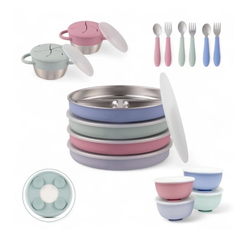 Stainless Steel Mealtime Bundle | Sucton Sleeves | Plates, Bowls, Snack Cups + Toddler Utensils | 16 Pcs | Blush/Lilac/Sage/MistyBlue